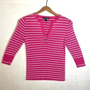 Lauren Ralph Lauren Womens Size S/P 1/4 Sleeve V Neck Striped Pullover Shirt